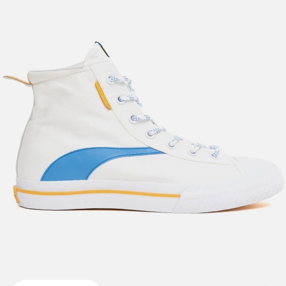 White High-Top Sneaker with Blue Accent and Yellow Trim